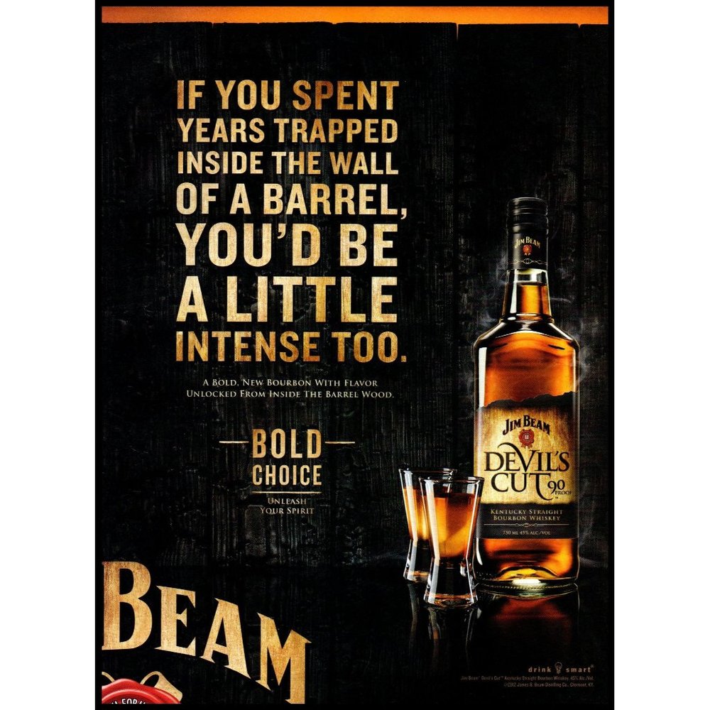 2012 Jim Beam Devil's Cut Bourbon Whiskey Vintage Print Ad Bar Wall Art Man Cave